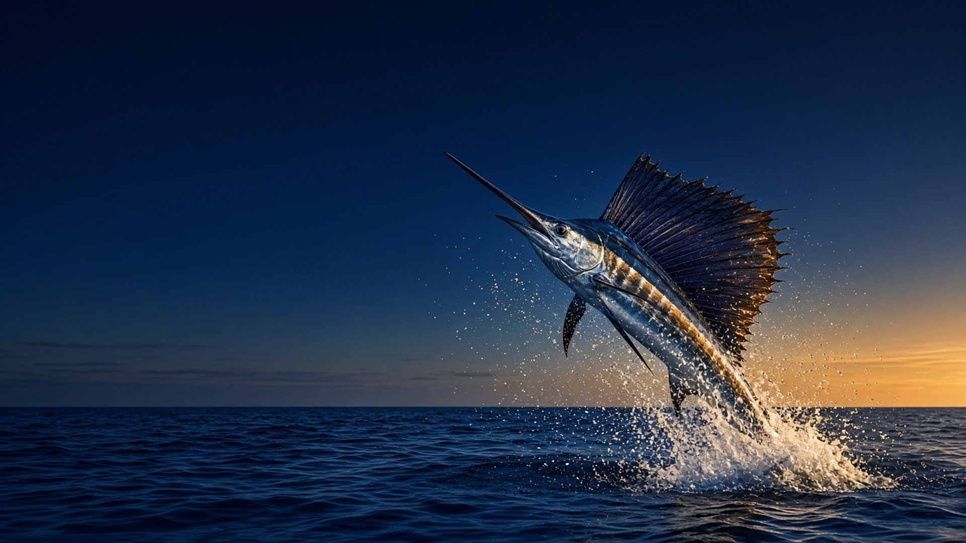 Illustration of a sailfish leaping out of deep blue ocean water at dusk, sail raised, spray flying